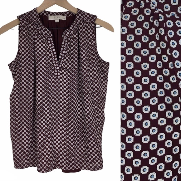LOFT Top Blouse Sleeveless Floral Sheer V Split Neck Dot Floral Geo Petite Small - Picture 1 of 8